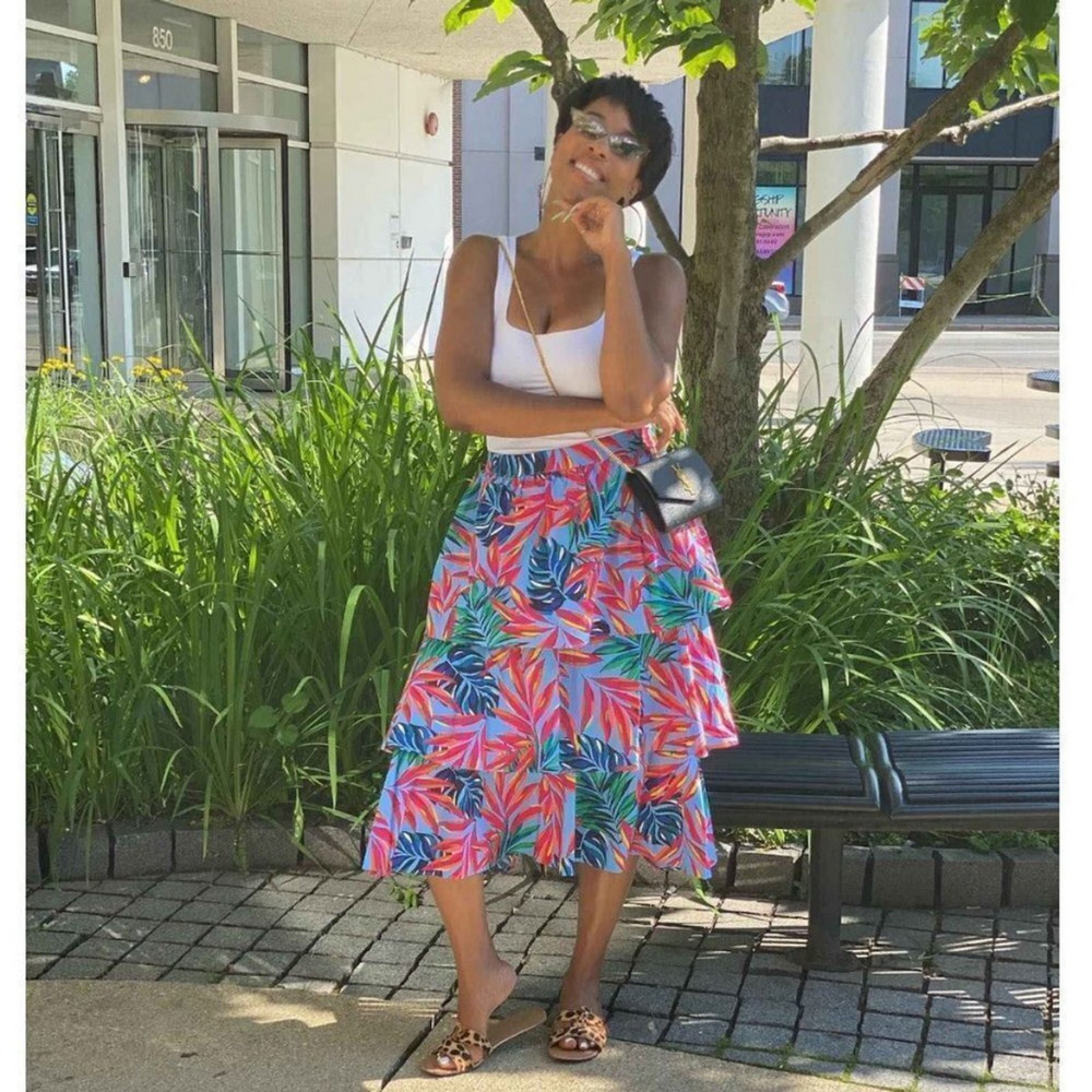 Tabitha‎ Brown x Target Tropical Tiered Ruffle Midi Skirt Womens Small Blue Pink